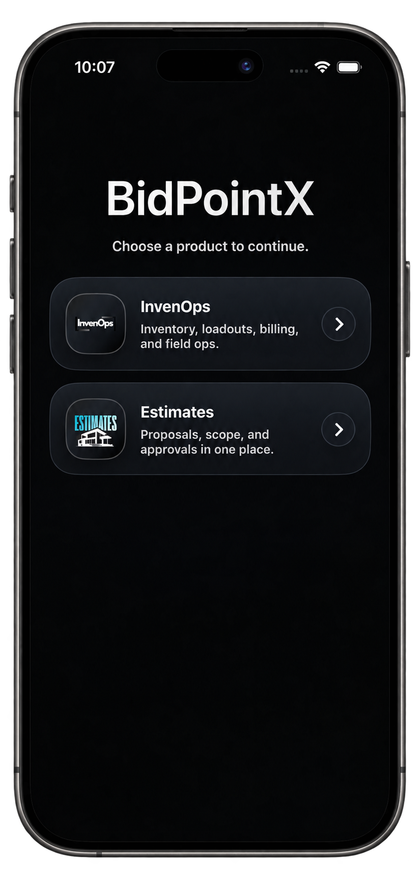 BidPointX on iPhone, showing InvenOps and Estimates in the product selector.
